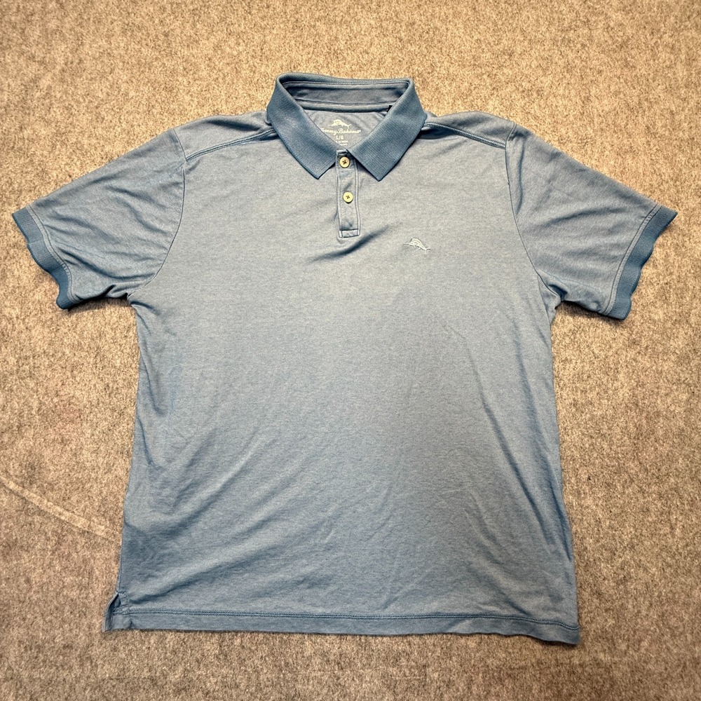 Tommy Bahama Polo Shirt Men L Marlin Logo Cotton Blend Blue Solid English SEO